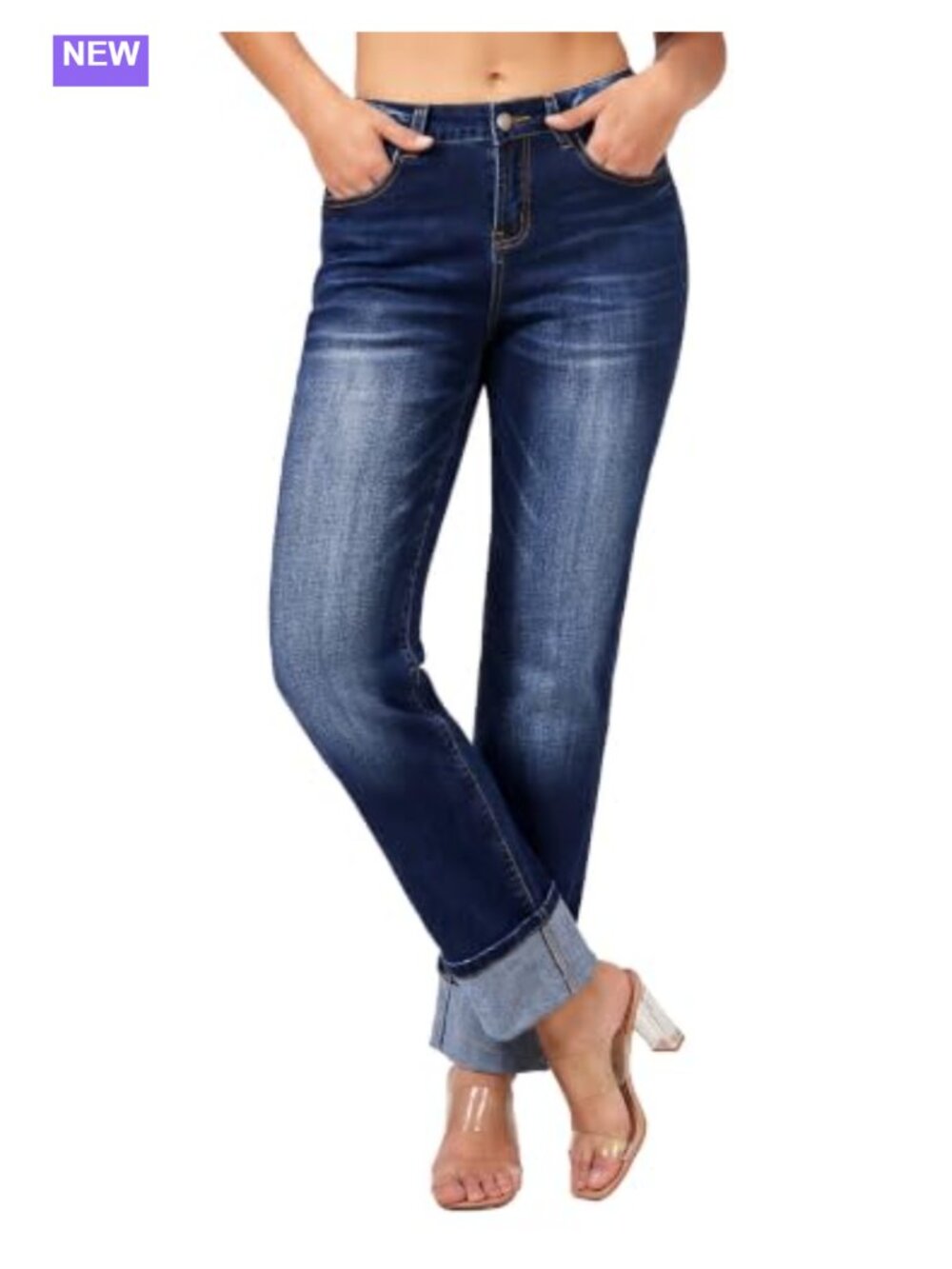 High Waisted Straight Leg Jeans Stretch Cuffed Denim Pants